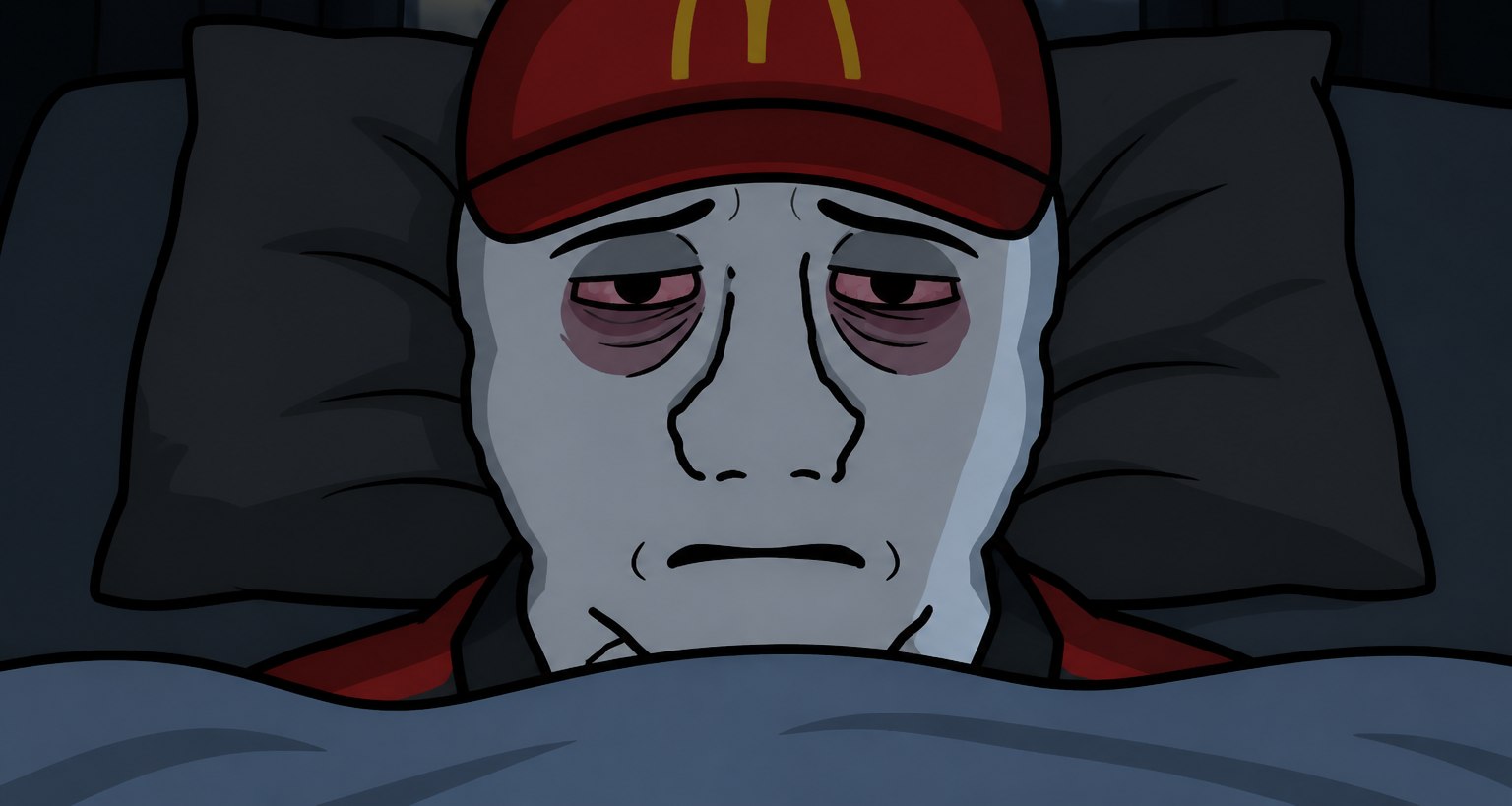 Anon in bed at night, still in the uniform, too tired to take the hat off