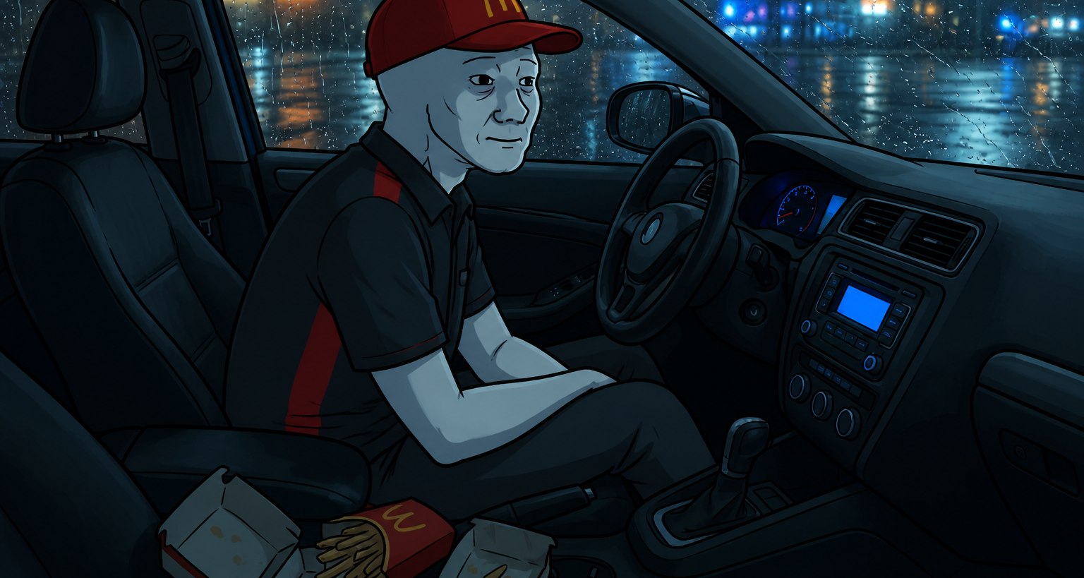 Anon in his car at night in the rain, looking up for the first time