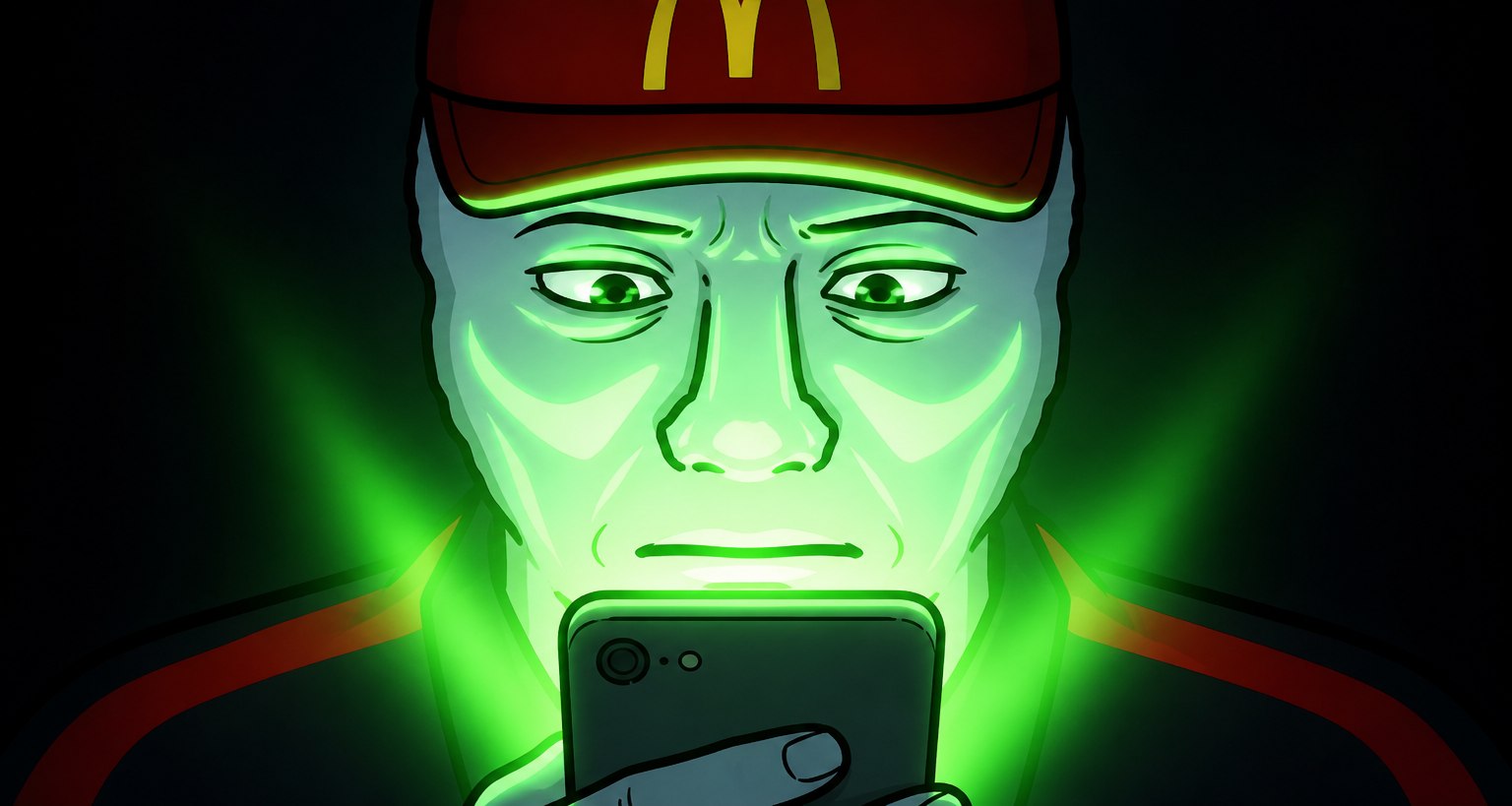 Anon lit from below by a green phone screen, awake this time